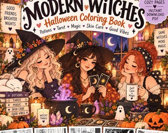 Op de afbeelding: Een digitaal kleurboek getiteld Modern Witches Halloween Coloring Book met 18 gezellige pagina's. De omslag toont drie geïllustreerde figuren met heksenhoeden, tarotkaarten, een ketel, pompoenen en katten, plus vijf zwart-wit voorbeeldpagina's.