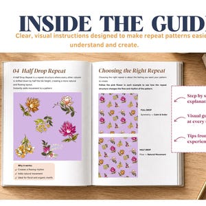 Op de afbeelding: Een open instructiegids getiteld INSIDE THE GUIDE met tekst over Half Drop Repeat en Choosing the Right Repeat. De pagina's tonen voorbeelden van bloemmotieven op een paarse achtergrond met stapsgewijze uitleg en visuele gidsen.