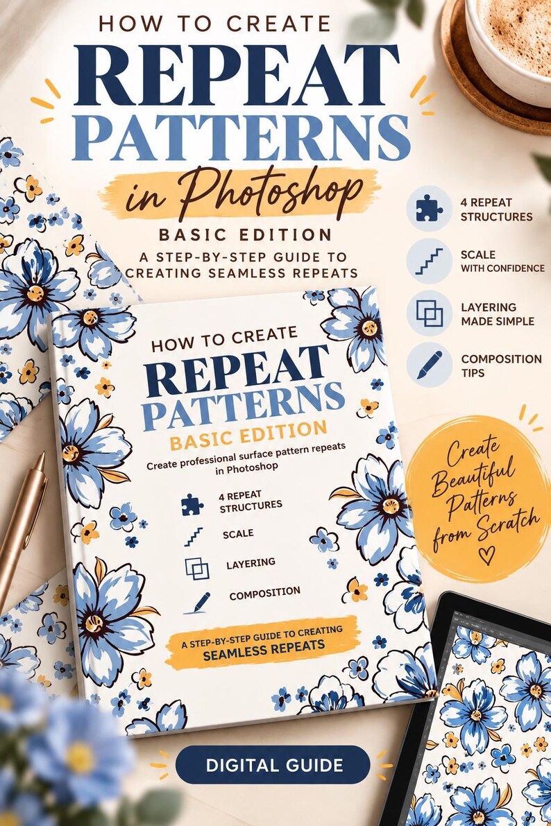 Op de afbeelding: Een digitale gids getiteld How to Create Repeat Patterns in Photoshop Basic Edition. De omslag bevat blauwe en gele bloemenillustraties en tekst over 4 herhalingsstructuren, schaal, lagen en compositie, plus een label voor digitale gids.