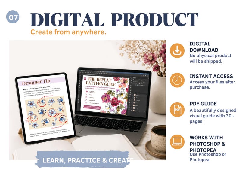 Op de afbeelding: Een digitaal producthandboek getiteld The Repeat Pattern Guide weergegeven op een laptop- en tabletscherm. Het handboek bevat bloemenillustraties en ontwerptips. De tekst bevat Digital Product en Learn, Practice & Create.