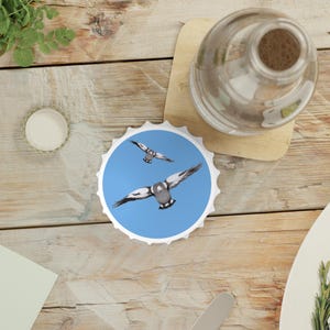 Aussie Fridge Magnetic Bottle Opener, Swooping Magpies on Blue Sky Design
