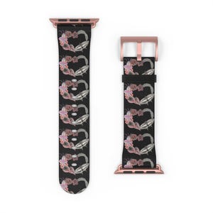Schwarzes Gothic Herz Apple Uhrenarmband, Floral, Feder und Schmetterling Design