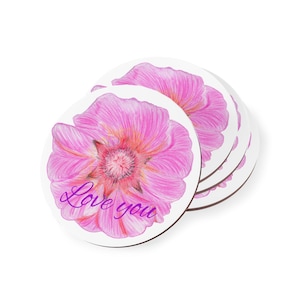 Dessous de verre en liège, motif fleurs roses, personnalisés