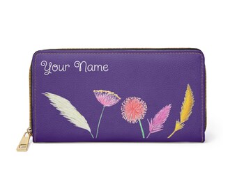 Gepersonaliseerde portemonnee met ritssluiting, ontwerp met golvende bloemen, paarse damesportemonnee