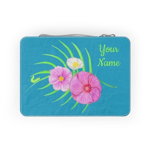 Cute Eco-friendly Paper Lunch Bag, Pink Floral on Turquoise Design, Personalizable
