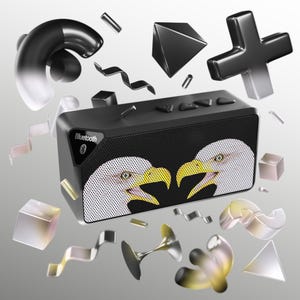 May include: Black rectangular Bluetooth speaker with a mesh front featuring two eagle head graphics with yellow beaks. The speaker has control buttons on top and is surrounded by abstract 3D shapes.