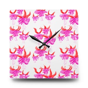 Reloj de pared acrílico fucsia, reloj floral morado