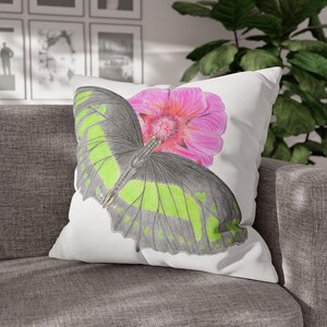 Square Poly Canvas Pillowcase, Malachite Butterfly on White Design