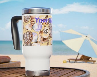 Tazza da viaggio e da spiaggia personalizzata in acciaio inossidabile con conchiglie, con manico, 414 ml (14 oz).