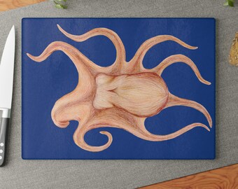 Blue Octopus Glass Cutting Board, Seafood Chef Kitchen Board