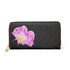 Cartera con cremallera, diseño de rosa rosa, cartera negra para mujer