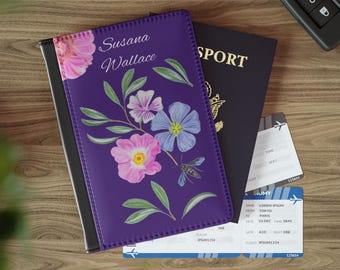 Purple Passport Cover, Floral with Blue Flower Wasp Design, Personalized