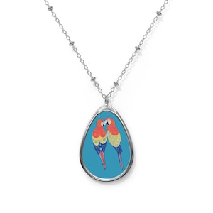Oval Pendant Necklace, Paired Macaws Design