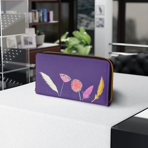 Portafoglio con cerniera, motivo fiori ondeggianti, portafoglio da donna viola