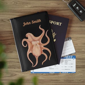 Funda de pasaporte personalizable con pulpo negro, pasaporte de pescador