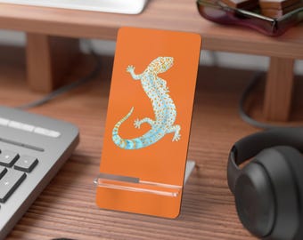 Mobile Display Stand for Smartphones, Tokay Gecko on Orange Design