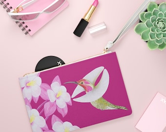 Hot Pink Hummingbird Vegan Leather Clutch Purse: Party Dress Bag