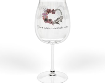 Gepersonaliseerd gotisch hart bloemenboeket bruiloft wijnglas, 12oz