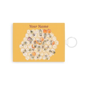 Tarjetero de piel Saffiano para apicultor, diseño de abejas y panal, personalizado.