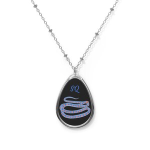 Garter Snake Black and Blue Oval Pendant Necklace, Personalizable
