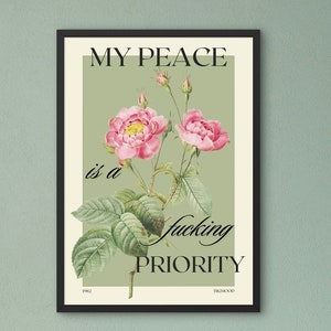 May include: A framed print with a green background and a pink rose illustration. The text reads "My peace is a fucking priority".