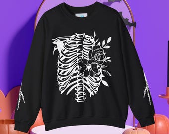 Floral Skeleton Sweatshirt, Halloween Ribcage Crewneck