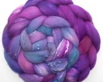 Roving Organic Polwarth and Bombyx Silk Handdyed Combed Top - Velvet Pansies, 5.1 oz.