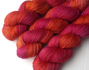 Hand Dyed Yarn Alpaca Silk Cashmere Yarn Sock Fingering, Bright Bougainvillea