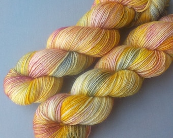 Hand Dyed Yarn Alpaca Silk Cashmere Yarn Sock Fingering, Melon Patch