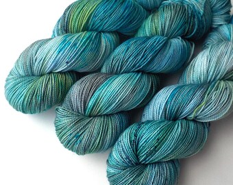 Hand Dyed Sock Yarn Superwash Merino Nylon Knitting Yarn - Vernal Pond Speckle 400 yards