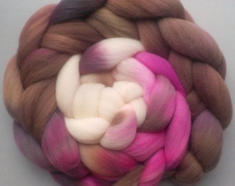 Rambouillet Hand Dyed Roving Combed Top Spinning Fiber - Roses and Chocolate, 5.2 oz.