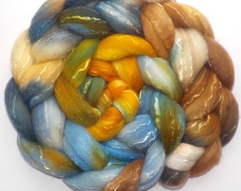 Roving Organic Polwarth and Bombyx Silk Handdyed Combed Top - Trail Ride, 5.1 oz.