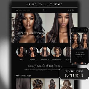 May include: A website homepage for a hair extensions company, featuring a black and white color scheme. The website features a model with long black hair, a call to action to shop the new collection, and a section highlighting the most loved wigs. The website also includes stock photos.
