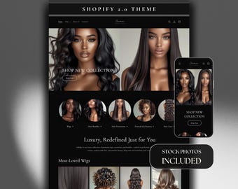 May include: A website homepage for a hair extensions company, featuring a black and white colour scheme. The website features a model with long black hair, a call to action to shop the new collection, and a section highlighting the most loved wigs. The website also includes stock photos.