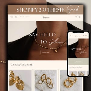 May include: A website screenshot showcasing a Shopify 2.0 theme called "Sand" for an online jewelry store called "Emma Jewelry". The website features a gold necklace with a small pendant and the text "SAY HELLO TO Glow". The website also features a collection of gold earrings.