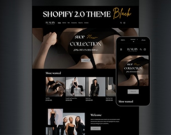 May include: A black and white website design for a luxury clothing store. The website features a model wearing a black top and a phone mockup displaying the same website design. The website text includes "SHOPIFY 2.0 THEME Black", "SHOP New COLLECTION 20% OFF EVERYTHING", "Most wanted", and "Welcome".