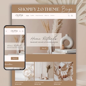 May include: A website homepage for Olivia Home Spa featuring a beige color scheme with a product display of candles, a candle holder, and a soap bar. The text "Home Rituals" is displayed in a handwritten font. The text "Elevate self-care with our skincare essentials" is displayed below the title. The text "Shop all" is displayed below the tagline. The text "Bestsellers" is displayed below the "Shop all" button. The website features a product display of three items: a candle, a candle holder, and a soap bar. The price of each item is displayed below the product image. The text "$43.00 USD" is displayed below the candle image. The text "$59.00 USD" is displayed below the candle holder image. The text "$39.00 USD" is displayed below the soap bar image.