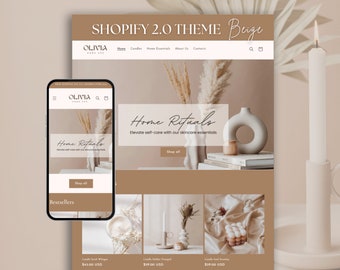 Shopify Website Template in Beige, Shopify Theme Design for Boutique and Candles, Ecommerce Theme with Canva Templates, Boho Store