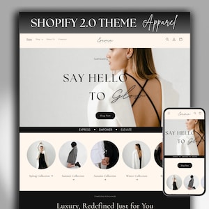 Op de afbeelding: Een website-homepage voor een kledingwinkel genaamd "Emma". De website toont een model dat een wit jack en een zwarte bh met bandjes draagt. De tekst "SAY HELLO TO Glow" wordt in groot lettertype weergegeven. De website heeft ook een call-to-action-knop met de tekst "Shop Now".