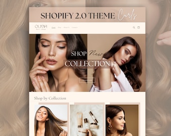 Shopify Theme Design Hair, Shopify Website Template in Beige, Shop Template for Hair Extensions, Ecommerce Store Theme with Canva Templates