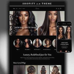 Puede incluir: Maqueta de sitio web sobre un fondo oscuro, que muestra un tema de Shopify 2.0. El sitio presenta imágenes de mujeres con cabello largo, con el texto "SHOP NEW COLLECTION". Un teléfono móvil muestra el diseño del sitio. El sitio web promociona pelucas.