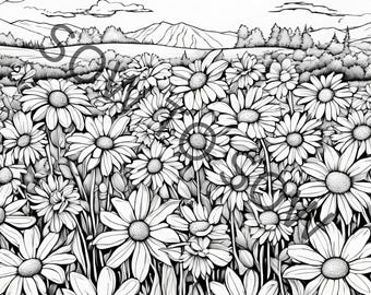 以下が含まれることがあります： 山脈を背景に、白黒の線画で描かれた、ひまわり畑のイラスト