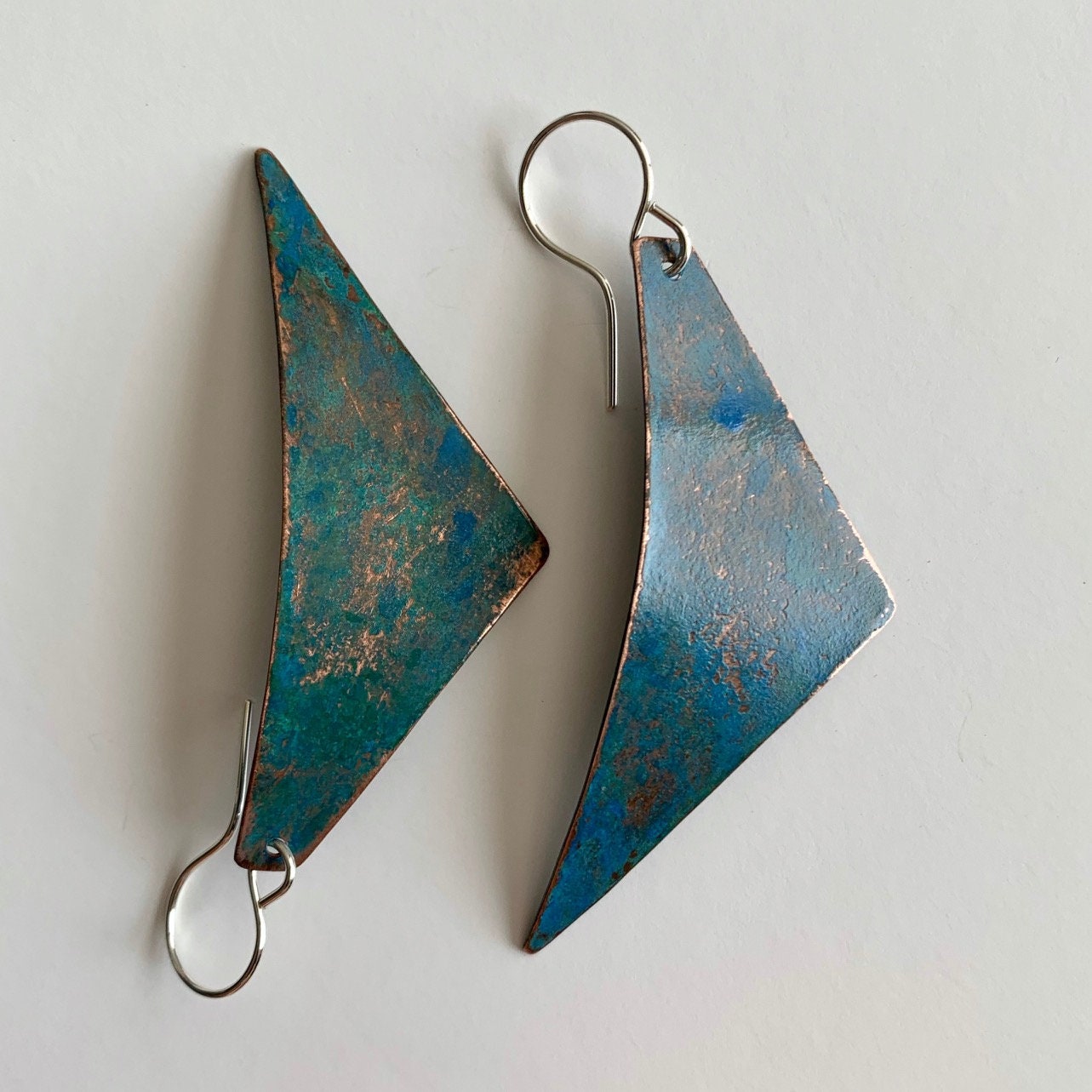Curved Copper Earrings with Patina Rustic Triangle Artisan | Etsy