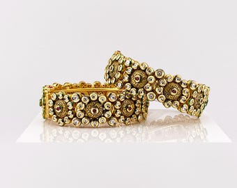 Kundan Bangles: Red Stone Antique Gold Finish (Size 2.4)