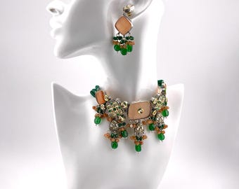 Choker Necklace Peach Color Monalisa and Carving Stone with Kundan and Green Stones