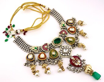 Green Dublet Kundan and AD Stone Choker Necklace with Dual Tone Finish