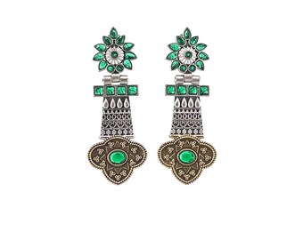 May include: Silver and gold tone earrings with green gemstone accents. The earrings feature a floral design with a dangling tassel and a large, ornate pendant.