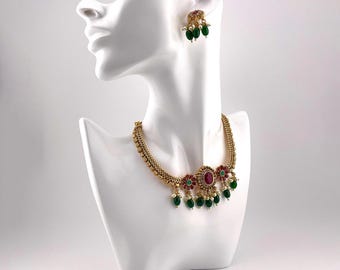 Choker Necklace with Multi-color Stone and Beads In Golden Finish