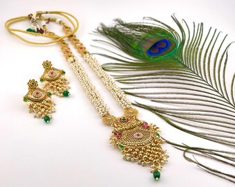 Long Necklace in Golden Finish Multicolor Stone and Pearl Beads