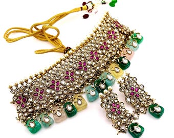 Moissanite Polki Kundan Choker: Antique Gold Finish, Natural Stone Necklace